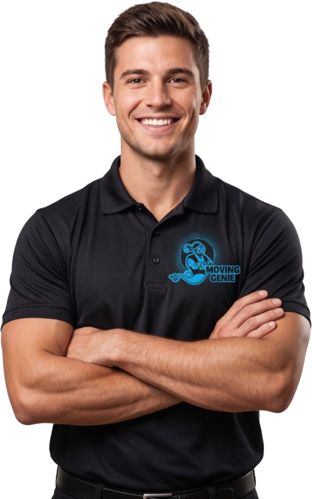 The Moving Genie team member in a branded polo shirt with arms crossed